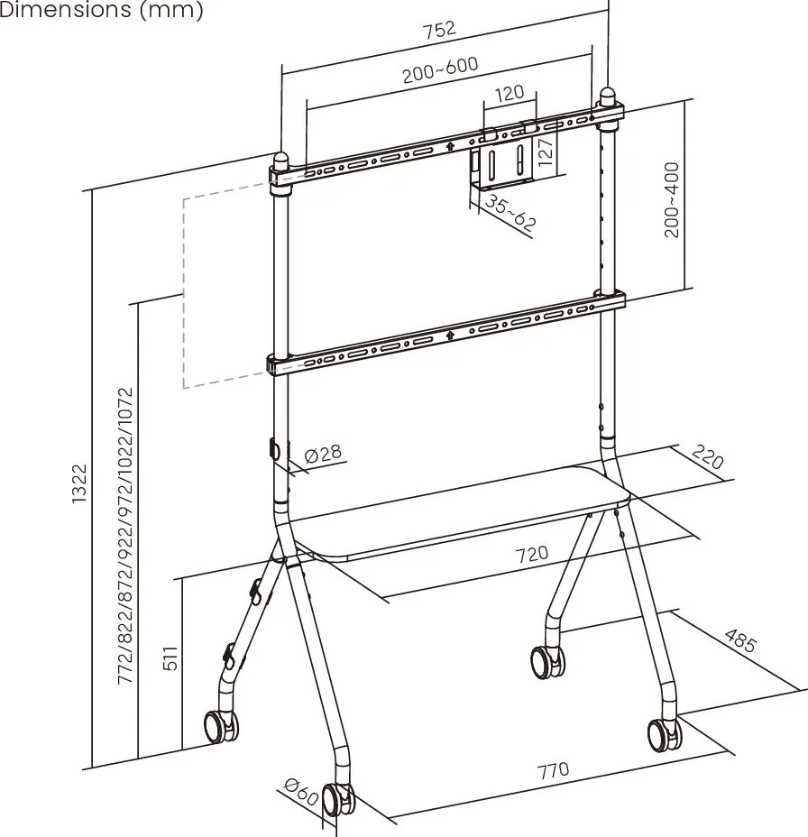 BRATECK βάση τηλεόρασης δαπέδου FS66-46F-01, 37-86", έως 80kg, με ράφι & ροδάκια — εικόνα 5