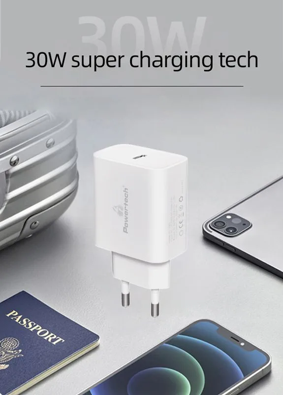 POWERTECH φορτιστής τοίχου PT-1043, USB-C, PD QC3.0, GaN, 30W, λευκός — εικόνα 2