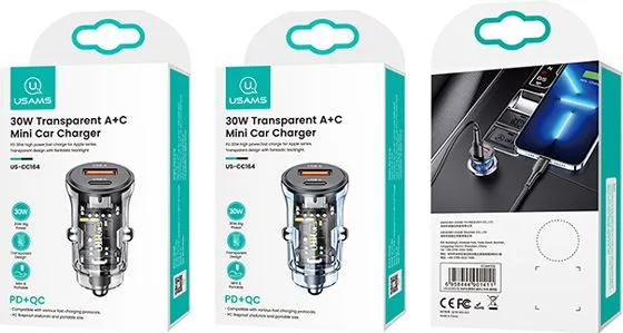 USAMS φορτιστής αυτοκινήτου US-CC164, USB & USB-C, 30W, μαύρος — εικόνα 4