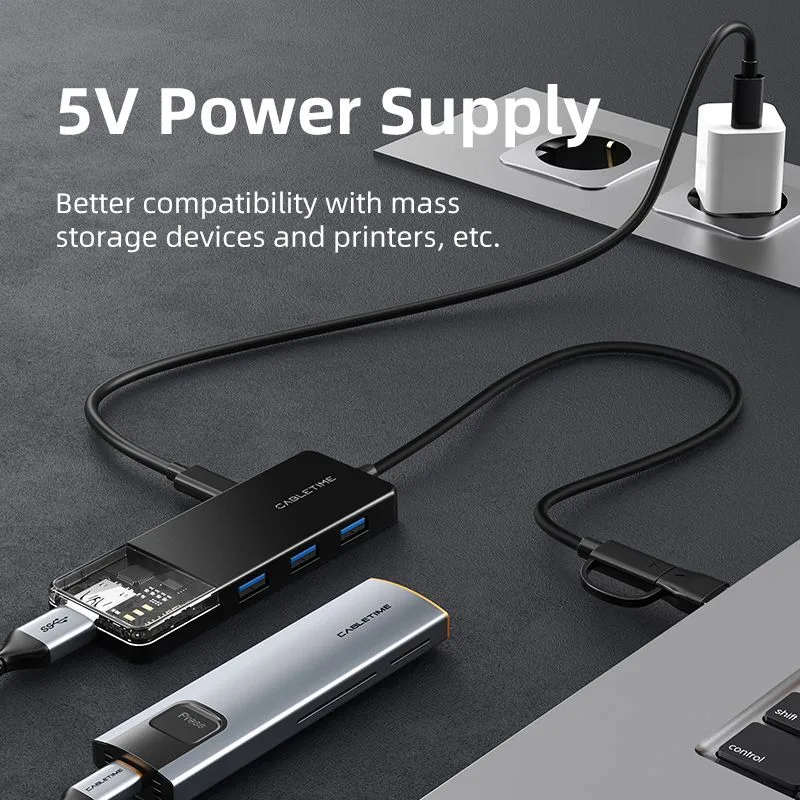 CABLETIME USB hub CT-HUBT5-PB, 4x θυρών, 10Gbps, USB/USB-C σύνδεση, μαύρο — εικόνα 6