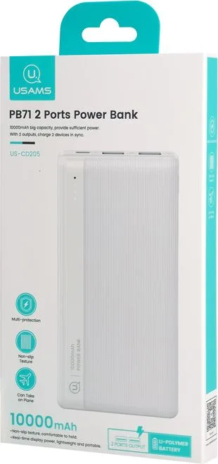 USAMS power bank US-CD205, 2x USB θύρες εξόδου, 10000mAh, 10W, λευκό — εικόνα 4