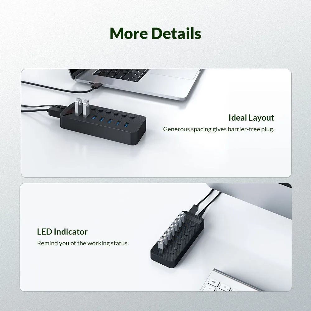 ORICO USB hub CT2U3-7AB με διακόπτες, 7x θυρών, USB 3.0, 5Gbps, USB σύνδεση, μαύρο — εικόνα 5