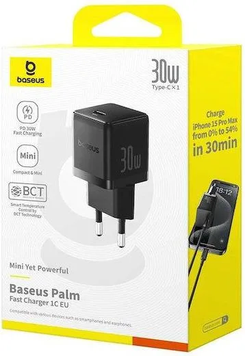 BASEUS Palm φορτιστής ΓΡΗΓΟΡΗΣ φόρτισης, 1 θύρα, 30W, ΜΑΥΡΟΣ — εικόνα 3