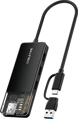 CABLETIME USB hub CT-HUBT5-PB, 4x θυρών, 10Gbps, USB/USB-C σύνδεση, μαύρο