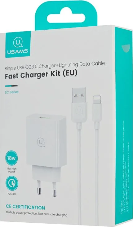 USAMS φορτιστής τοίχου SCXLTZ03 με καλώδιο Lightning, USB, 18W, λευκός — εικόνα 4