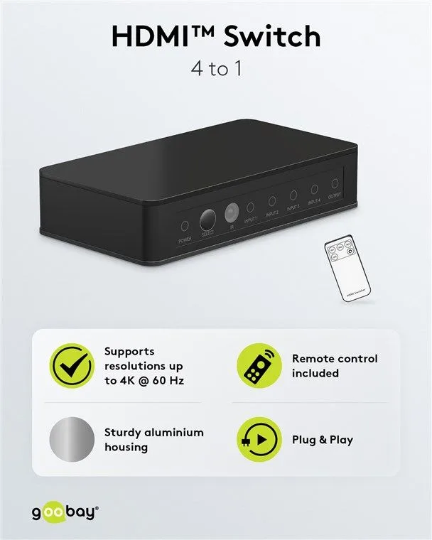 GOOBAY HDMI switch 58489 με τηλεχειριστήριο, 4 σε 1, 4K/60Hz, μαύρο — εικόνα 3