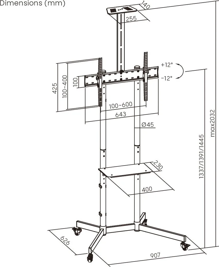 BRATECK βάση τηλεόρασης δαπέδου T1042T, 37-70", έως 45kg, με ράφια & ροδάκια — εικόνα 7