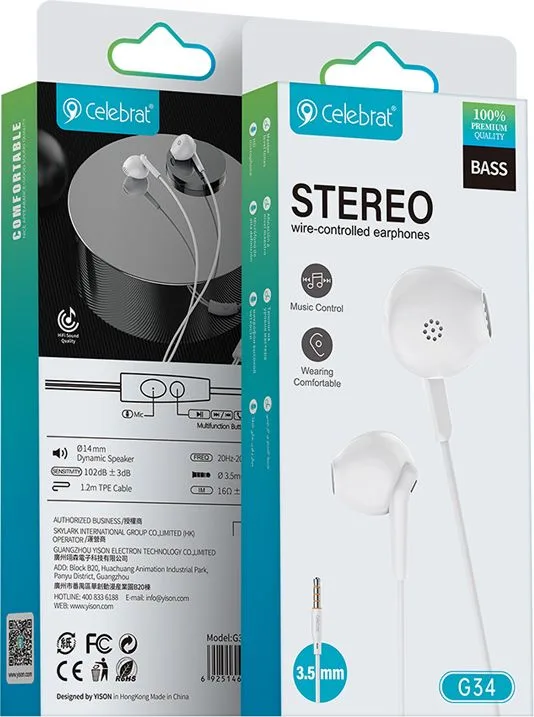 CELEBRAT earphones με μικρόφωνο G34, 3.5mm σύνδεση, 14mm, 1.2m, λευκά — εικόνα 4