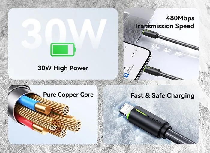 USAMS καλώδιο Lightning σε USB-C US-SJ735, 30W, 480Mbps, 1m, λευκό — εικόνα 2