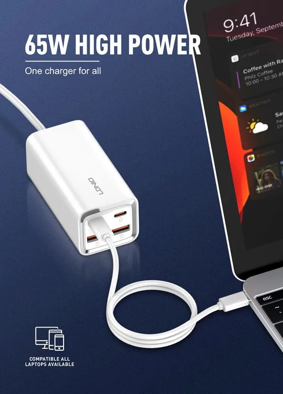 LDNIO σταθμός φόρτισης A4610C, 2x USB-C & 2x USB, 65W, PD/QC, λευκός — εικόνα 3