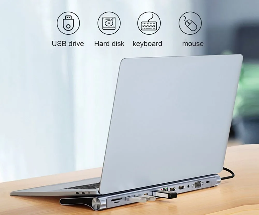 POWERTECH docking station BYL-2003U2, 12 θυρών, βάση laptop, USB-C, γκρι — εικόνα 3