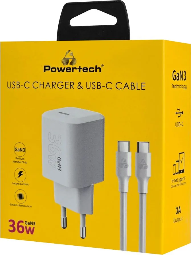 POWERTECH φορτιστής τοίχου PT-1350 με καλώδιο, USB-C, 36W, GaN, λευκός — εικόνα 2