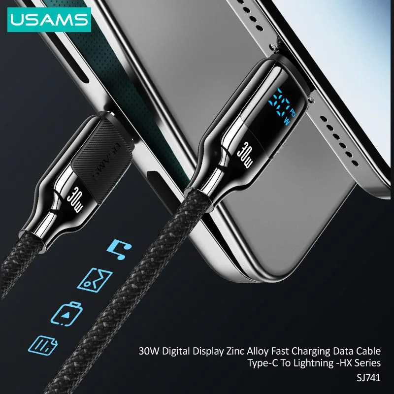 USAMS καλώδιο Lightning σε USB-C SJ741, 30W, 480Mbps, 1.2m, μαύρο — εικόνα 3