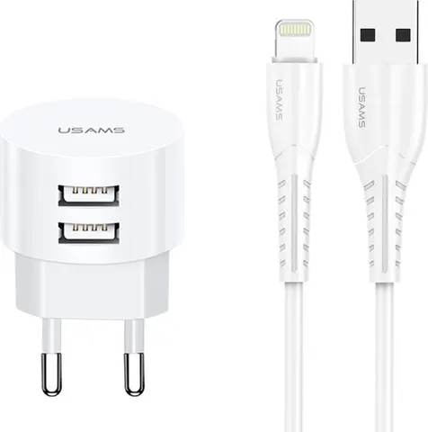 USAMS φορτιστής τοίχου T20 & καλώδιο Lightning, 2x USB, 2.1A, λευκός