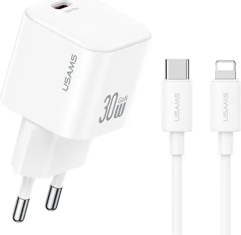 USAMS φορτιστής τοίχου CC262 με καλώδιο Lightning, 30W, GaN, λευκός