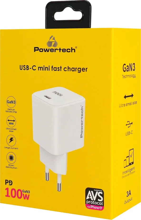POWERTECH φορτιστής τοίχου PT-1612, USB-C, 100W, GaN, AVS, λευκός — εικόνα 3