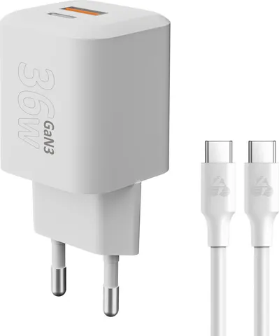 POWERTECH φορτιστής τοίχου PT-1351 με καλώδιο, USB/USB-C, 36W, GaN, λευκός