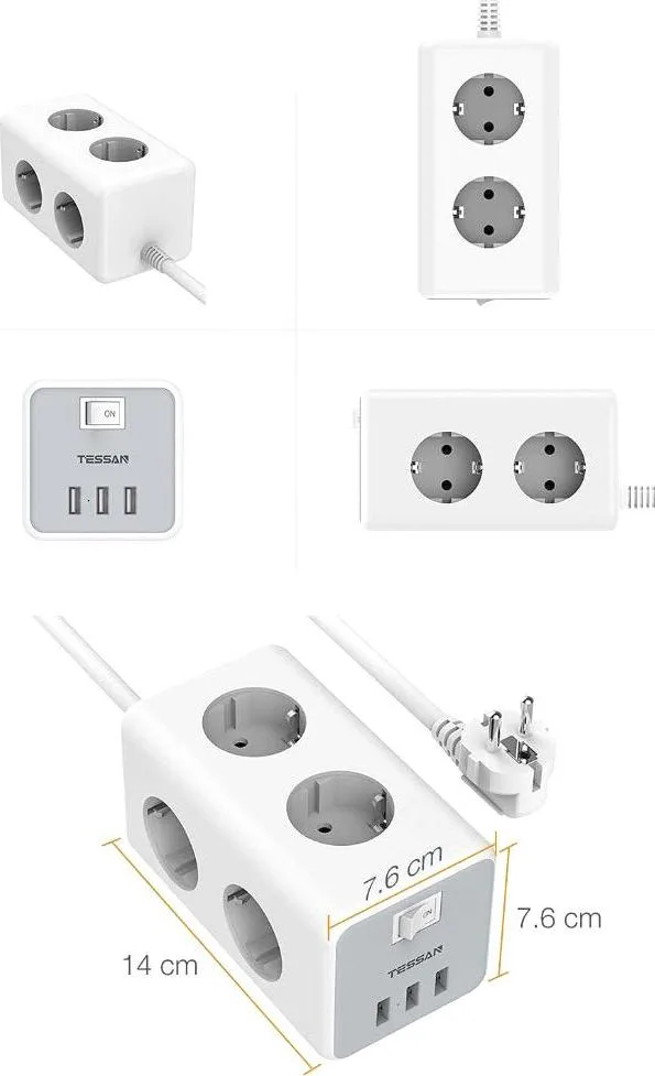TESSAN TS306 πολύμπριζο 6 ΘΕΣΕΩΝ, 3 USB, Γκρι/λευκο — εικόνα 2
