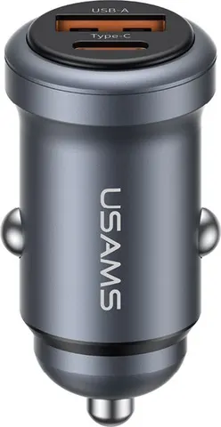 USAMS φορτιστής αυτοκινήτου CC322, USB & USB-C, 30W, γκρι