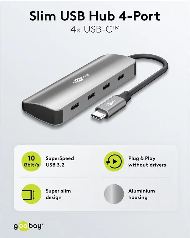 GOOBAY USB hub 76565, 4x θυρών, USB 3.2, 10Gbps, USB-C σύνδεση, γκρι — εικόνα 2