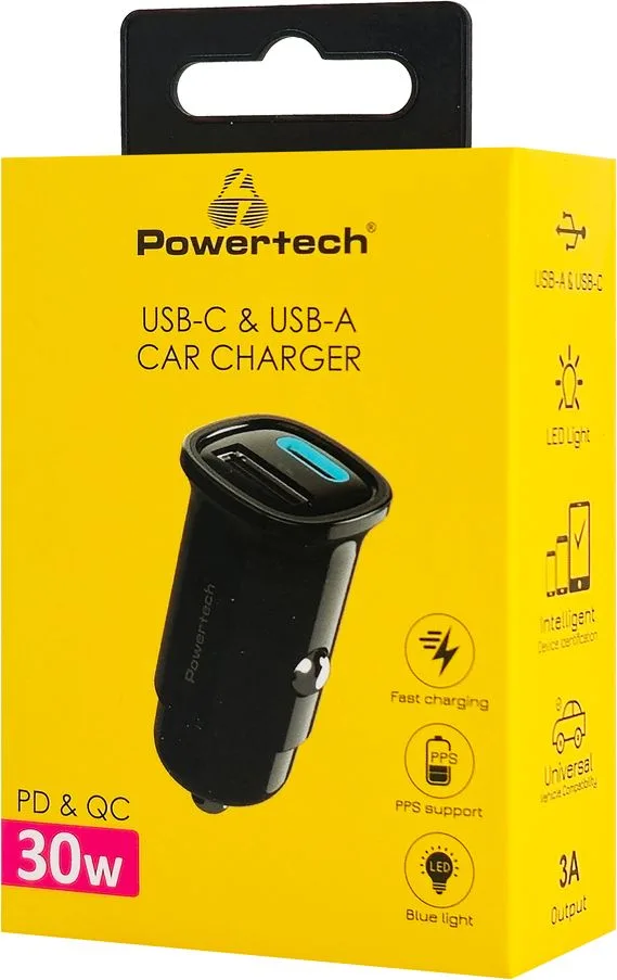 POWERTECH φορτιστής αυτοκινήτου PT-1538, USB & USB-C, 30W, μαύρος — εικόνα 2