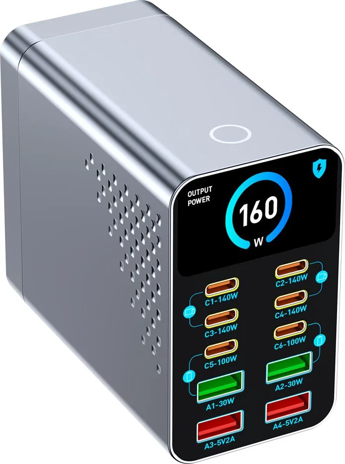 POWERTECH σταθμός φόρτισης PT-1687, 4x USB & 6x USB-C, GaN, 165W, γκρι — εικόνα 5