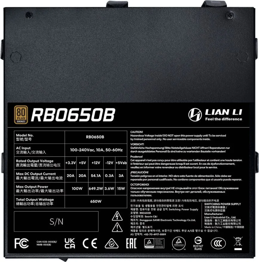 LIAN LI RB0650 - 650W 80+ Bronze PSU - PCIe Gen 5.1 12+4pin - Intel ATX 3.1 - 135mm low-noise fan — εικόνα 4