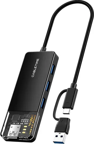 CABLETIME USB hub CT-HUBT3-PB, 4x θυρών, 5Gbps, USB/USB-C σύνδεση, μαύρο
