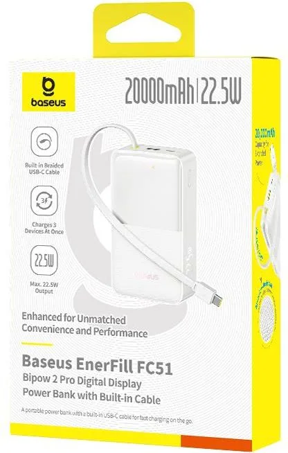 BASEUS Enerfill FC51 BIPOW2 PRO, Powerbank, 20000MAh, με καλώδιο Type-C, 22.5W, με ΨΗΦΙΑΚΗ οθόνη, λευκό — εικόνα 3