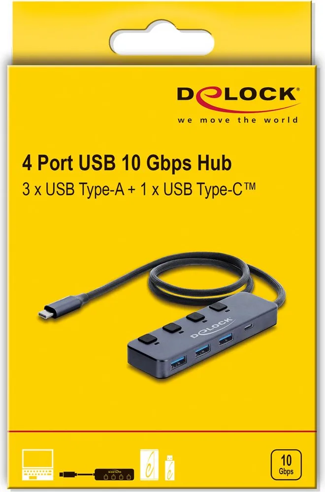 Συσκευασία DELOCK USB-C hub 64384 σε κίτρινο κουτί με ένδειξη 4 θυρών USB, 3x Type-A και 1x Type-C