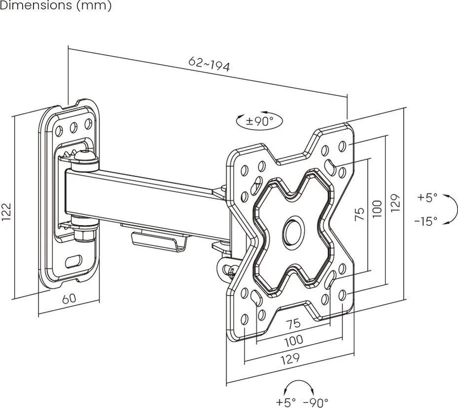 POWERTECH επιτοίχια βάση τηλεόρασης PT-1277, 13-32", έως 20kg, full motion — εικόνα 3