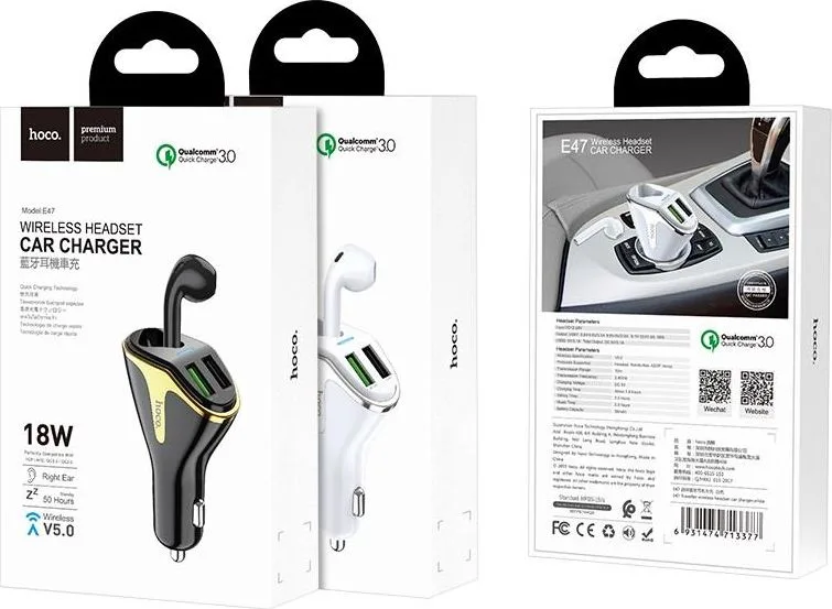 HOCO E47 φορτιστής ΑΥΤΟΚΙΝΗΤΟΥ QC3.0 και ακουστικό Handsfree 2 ΣΕ 1 λευκό — εικόνα 2