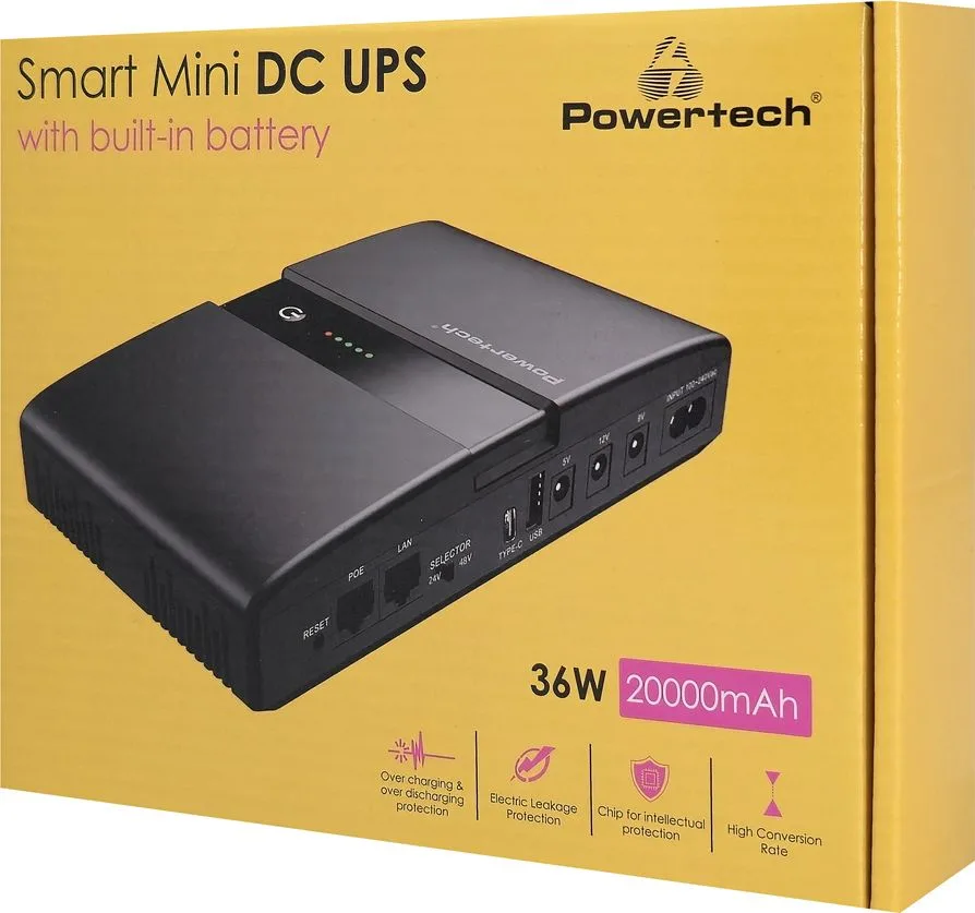 POWERTECH Mini DC UPS PT-1634, 36W, 20000mAh, 3x DC, Usb/usb-C, Poe/lan, μαύρο — εικόνα 5