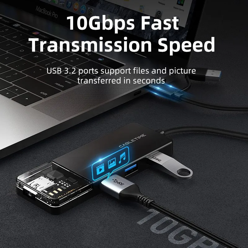 CABLETIME USB hub CT-HUBT5-PB, 4x θυρών, 10Gbps, USB/USB-C σύνδεση, μαύρο — εικόνα 4