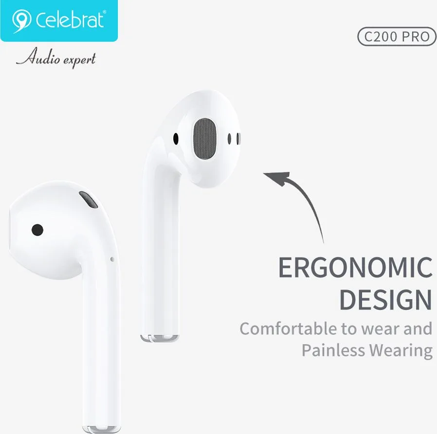 CELEBRAT earphones με θήκη φόρτισης C200 Pro, True Wireless, 13mm, 30/300mAh, λευκά — εικόνα 6