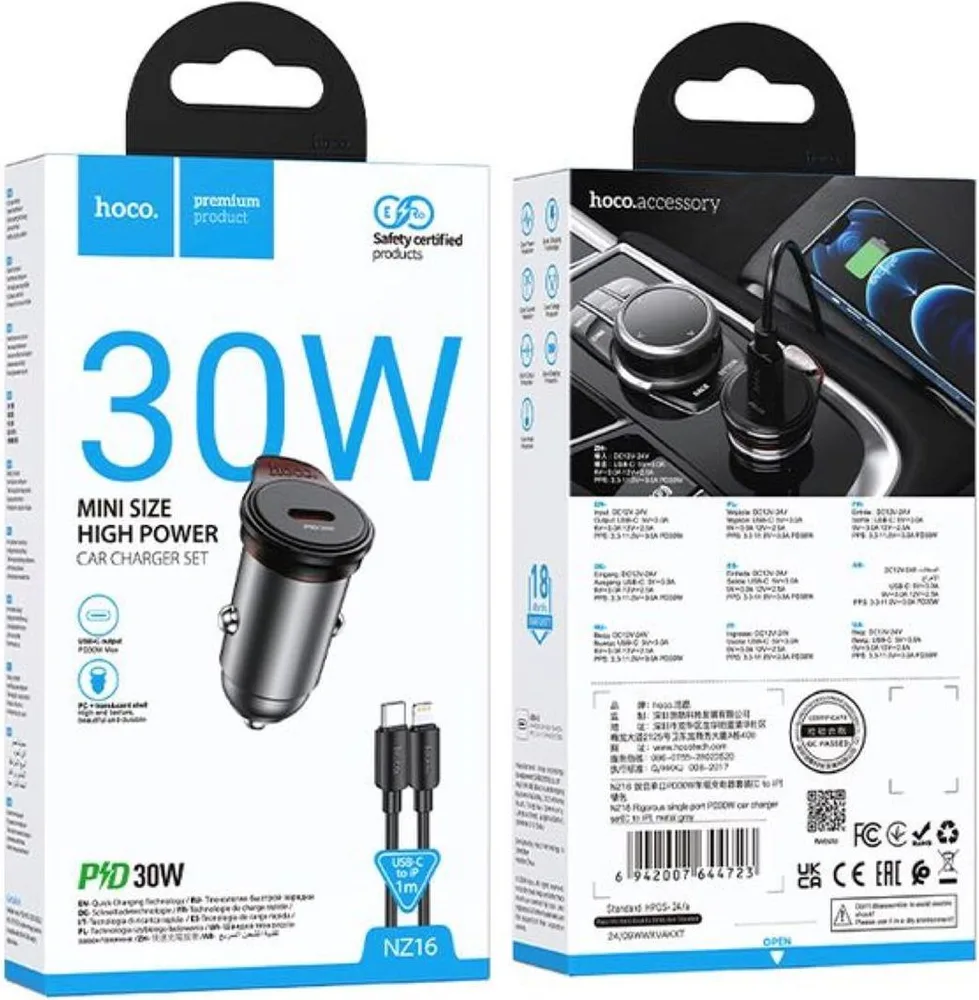HOCO NZ16 φορτιστής ΑΥΤΟΚΙΝΗΤΟΥ, Rigorous PD30W, 1 θύρα , καλώδιο Type-C TO Lightning, γκρι — εικόνα 2