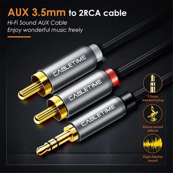 CABLETIME καλώδιο ήχου 3.5mm σε 2x RCA CT-AV314-P12G, 5m, μαύρο — εικόνα 2