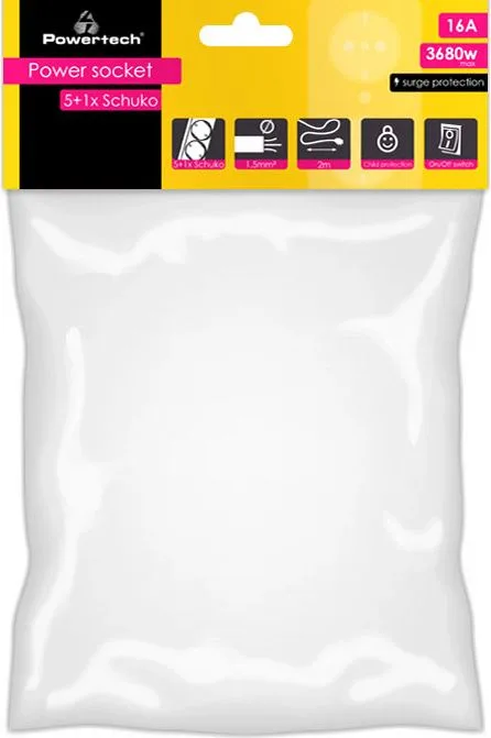 POWERTECH πολύπριζο ασφαλείας PT-994, 5+1 θέσεων schuko, 16A, 2m, μαύρο — εικόνα 2