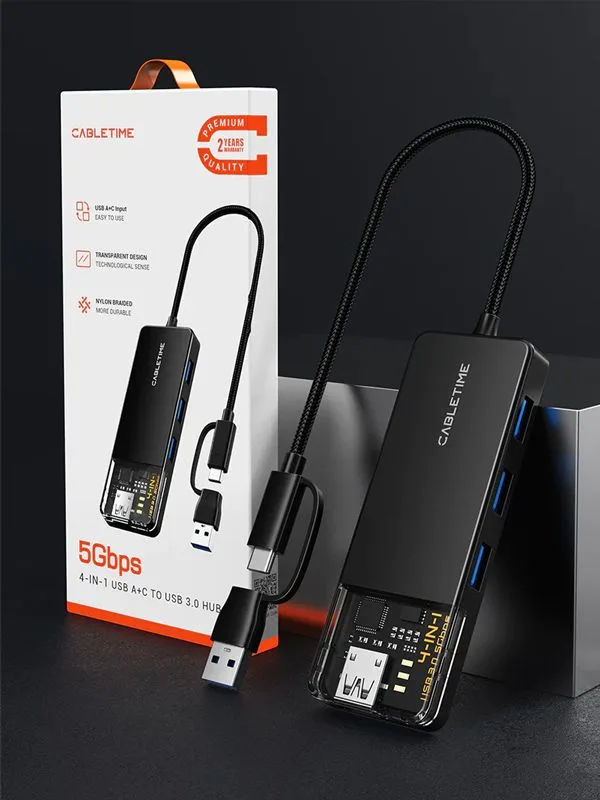 CABLETIME USB hub CT-HUBT3-PB, 4x θυρών, 5Gbps, USB/USB-C σύνδεση, μαύρο — εικόνα 6
