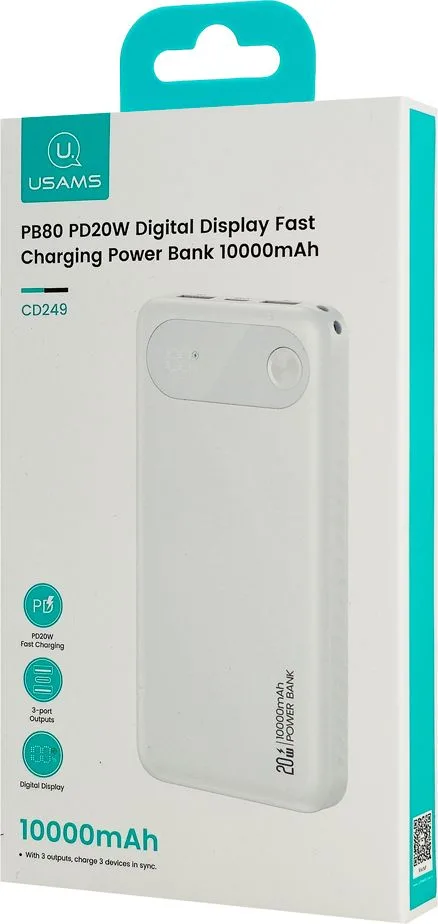 USAMS power bank CD249 με οθόνη, 3x θύρες εξόδου, 10000mAh, PD20W, λευκό — εικόνα 8