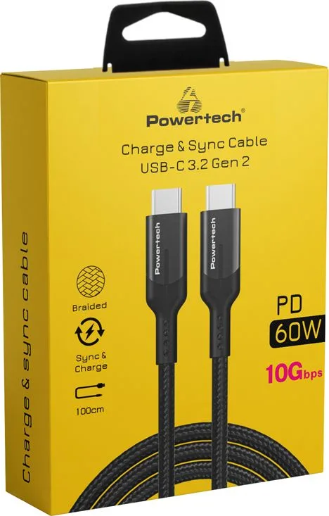 POWERTECH καλώδιο USB-C PTR-0135, PD 60W, 10Gbps, copper, 1m, μαύρο — εικόνα 2