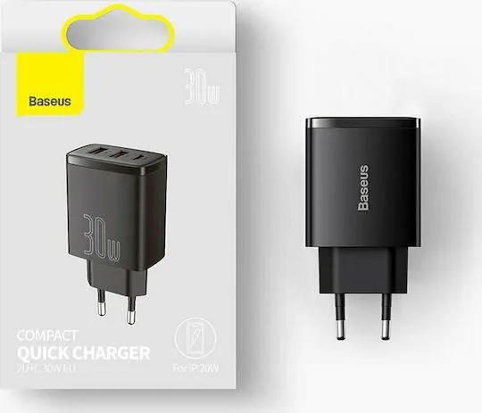 BASEUS Compact, φορτιστής ΓΡΗΓΟΡΗΣ φόρτισης, 3 ΘΥΡΕΣ, 30W, ΜΑΥΡΟΣ — εικόνα 3