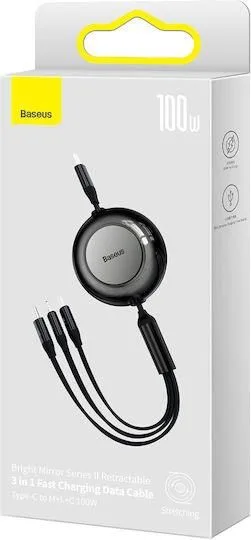 BASEUS Bright Mirror 2 Series, 3 ΣΕ 1, Retractable, Type-C + Micro USB + Lightning, 100w, 1.1m, μαύρο — εικόνα 3