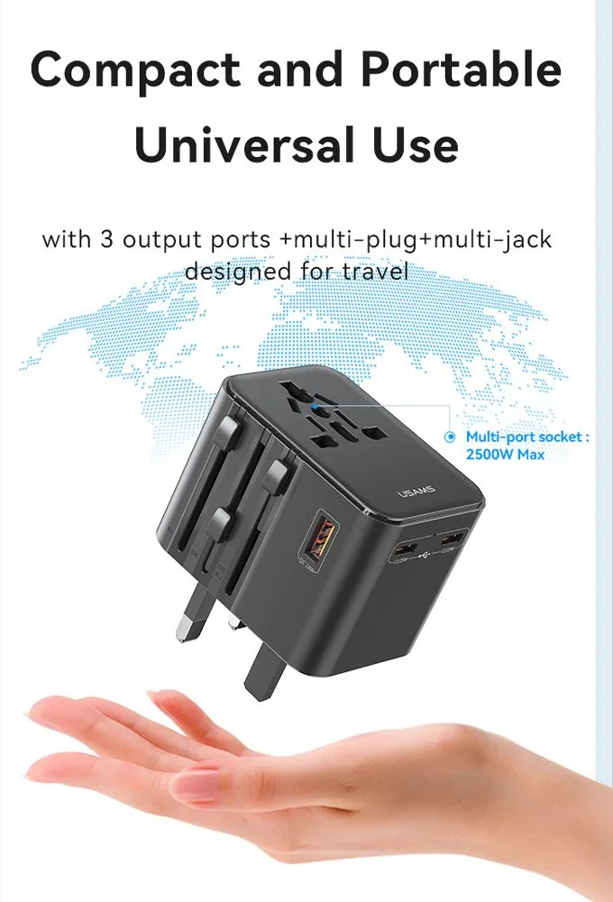USAMS φορτιστής/αντάπτορας πρίζας CC309, USB & 2x USB-C, universal, 25W, μαύρος — εικόνα 2
