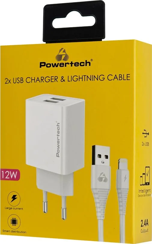 POWERTECH φορτιστής τοίχου PT-1325 με καλώδιο Lightning, 2x USB, 12W, λευκός — εικόνα 2