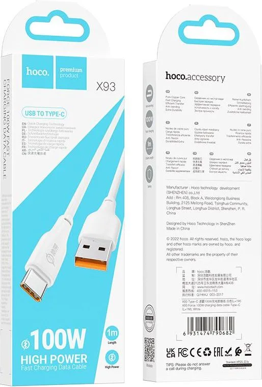 HOCO X93 καλώδιο φόρτισης και δεδομένων Force, Type-C, 1m, 100W, λευκό — εικόνα 3