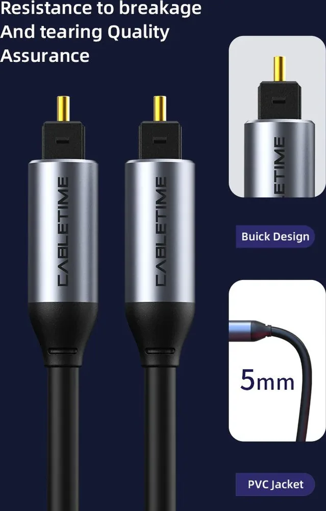 CABLETIME καλώδιο ήχου Toslink CT-AV380-P04GN, gold plated, 5mm, 3m, μαύρο — εικόνα 2