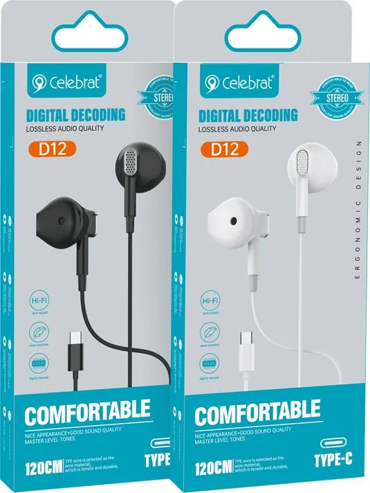 CELEBRAT earphones με μικρόφωνο D12, USB-C σύνδεση, Φ14.2mm, 1.2m, λευκά — εικόνα 4
