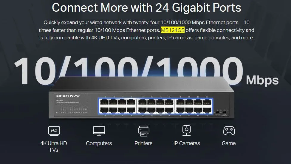 MERCUSYS desktop/rackmount switch MS124GS, 24x Gigabit θύρες, V1.0 — εικόνα 2