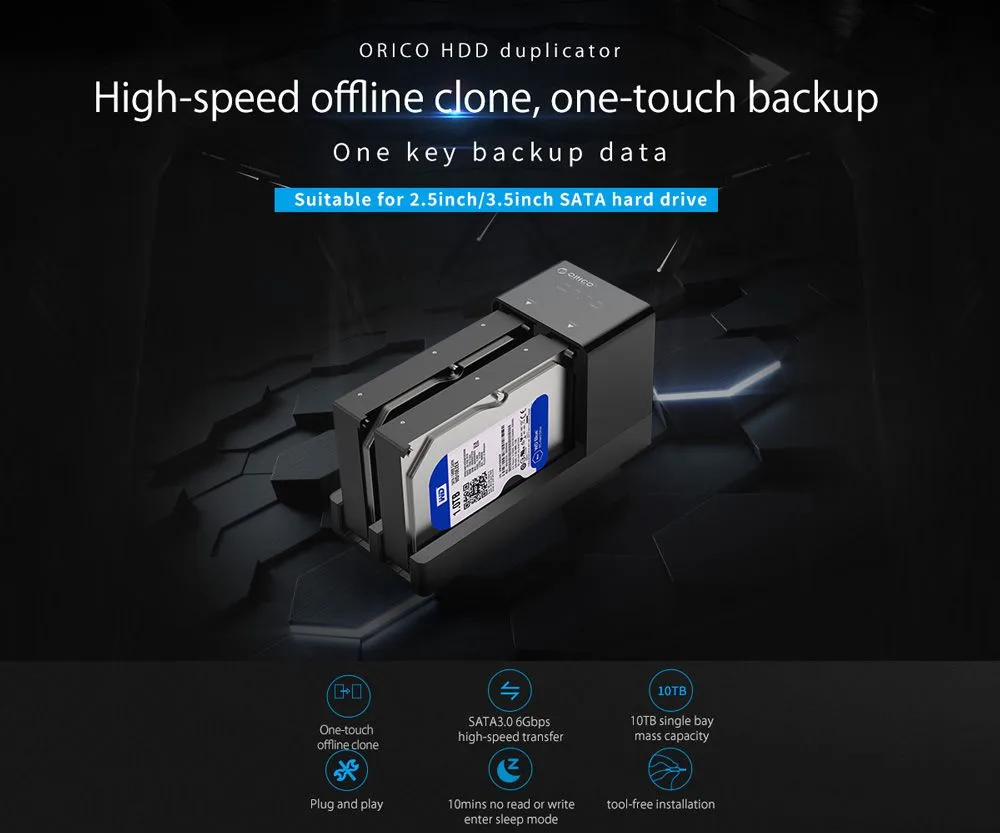 ORICO docking station για 2.5" ή 3.5" SATA HDD/SSD 6528US3-C, 2 θέσεων, 5Gbps, clone function, μαύρο — εικόνα 3